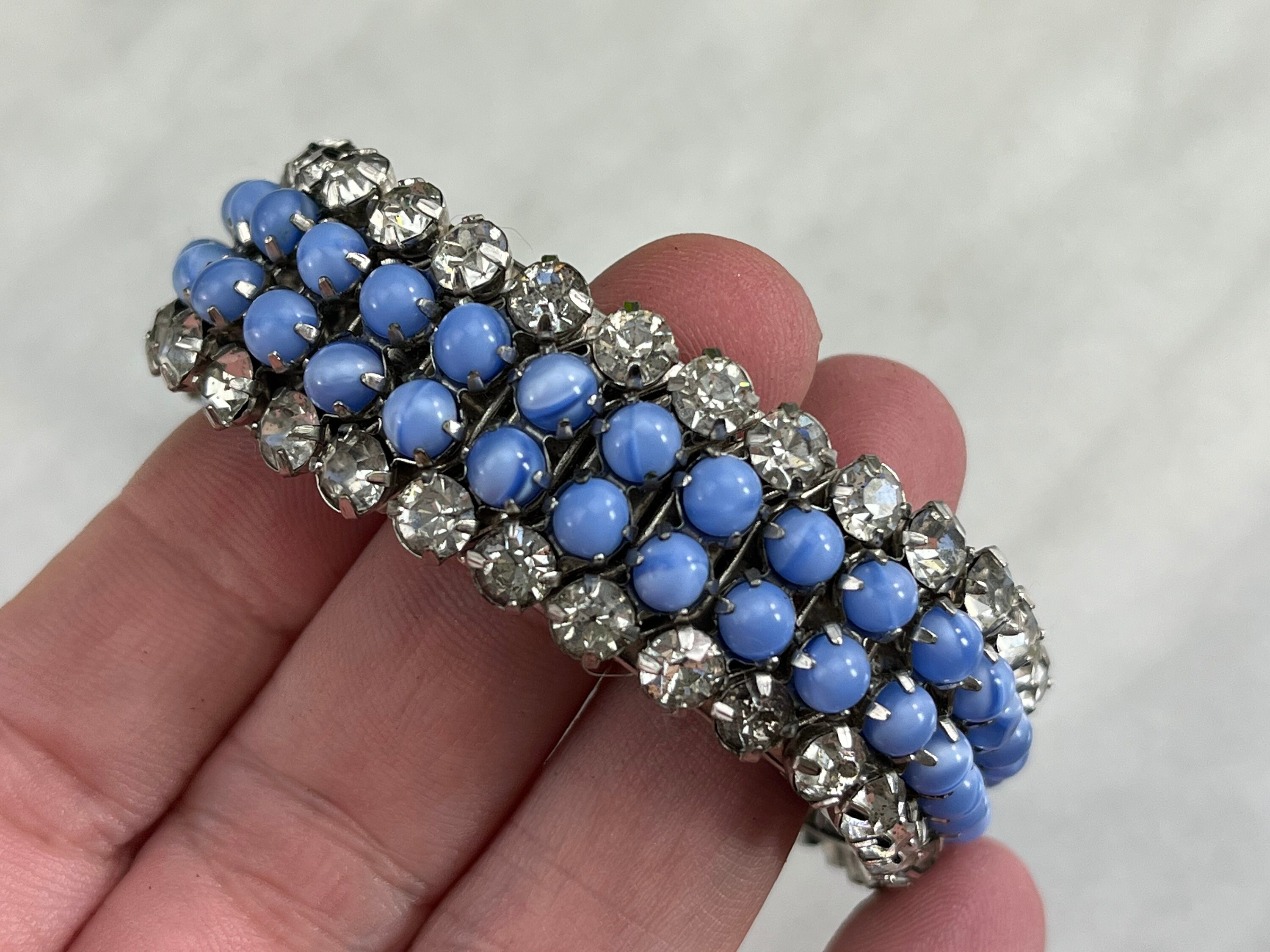Vintage Clear Rhinestone and Blue Satin Glass Bracelet