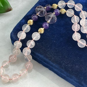 Rose Quartz Necklace with Amethyst Accents - Gemstone Jewelry, Beaded, Estate Jewelry, 14k Gold Fill