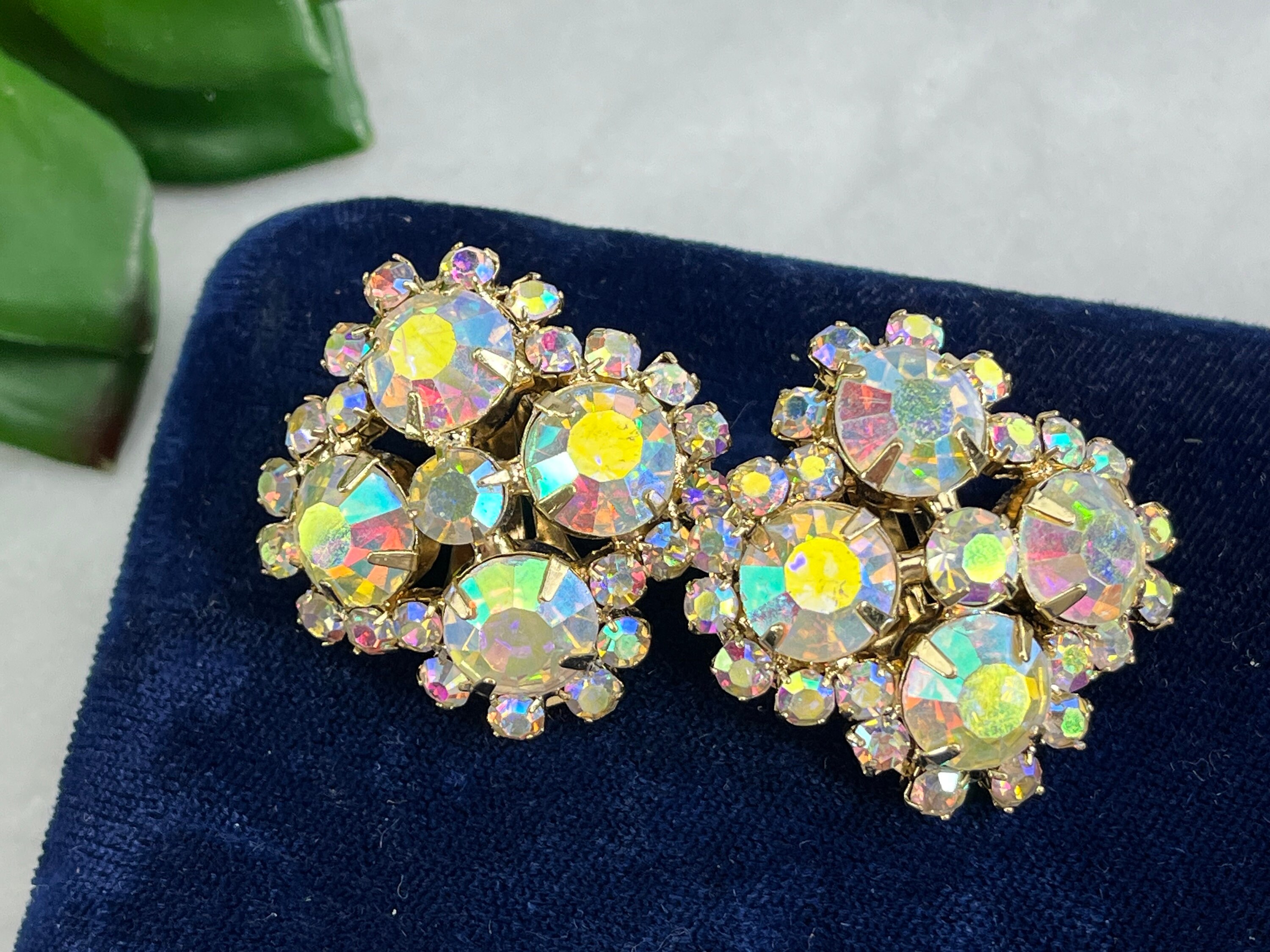 全日本送料無料 Rhinestone AB Vintage Earrings Clips Jewelry Costume 1960s - ビーズ、ガラス