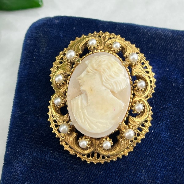 Vintage Florenza Cameo Brooch or Pendant - Carved Shell Cameo with Faux Pearls, Victorian Revival