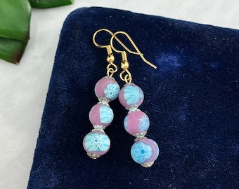 Murano Millefiori Glass Dangle Earrings - Frosted Pink and Blue Venetian Art Glass Jewelry