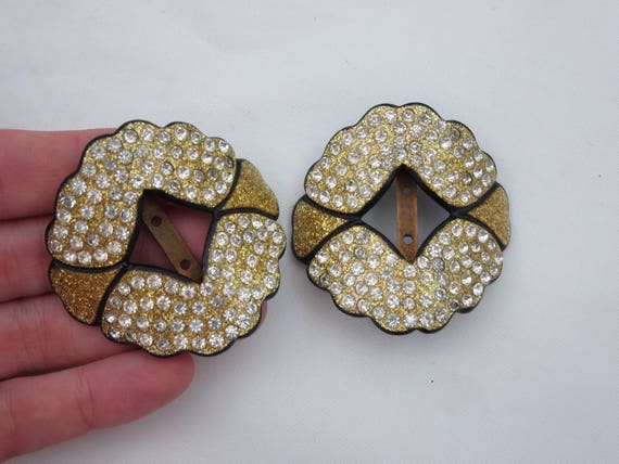 Art Deco Rhinestone Buckle Pair - Gold Glitter Fr… - image 2