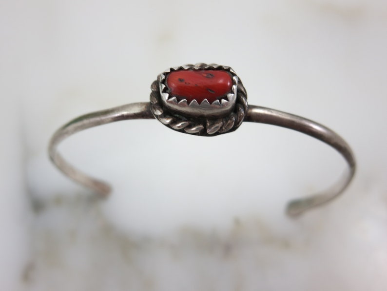 Petite Sterling Silver Cuff Navajo Coral Bracelet Artist Signed Native American Jewelry Adjustable Child Size