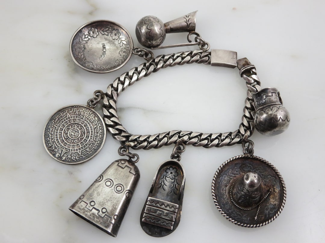 Vintage Sterling Silver Charm Bracelet, Mexican Souvenir Tourist Bracelet,  8 Charms 39.7 G -  Israel