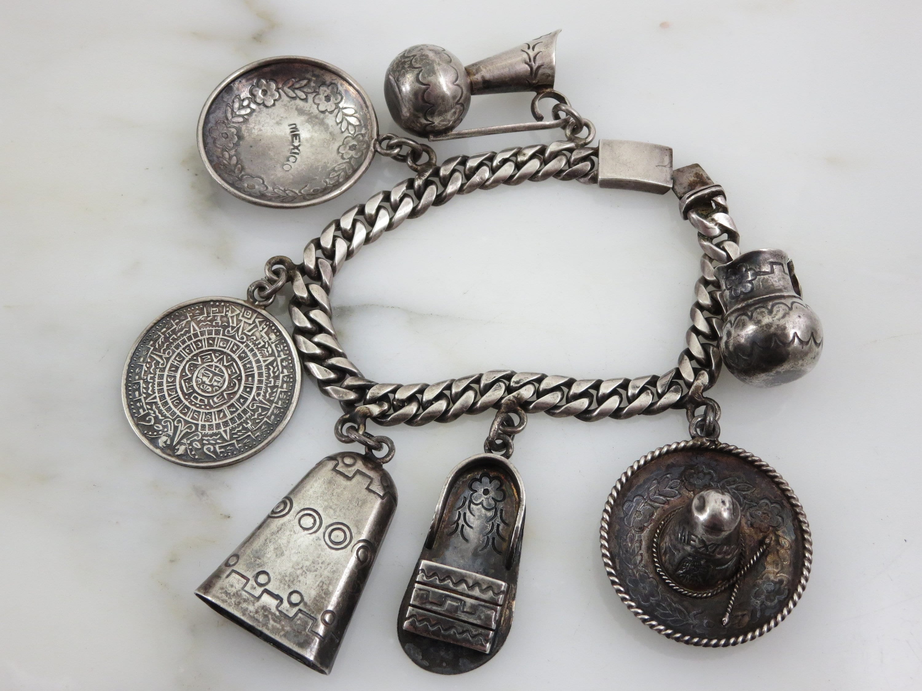 Vintage Heavy Mexico Sterling Silver Charm Bracelet - Vintage Bracelets for Women, Chunky Bracelet