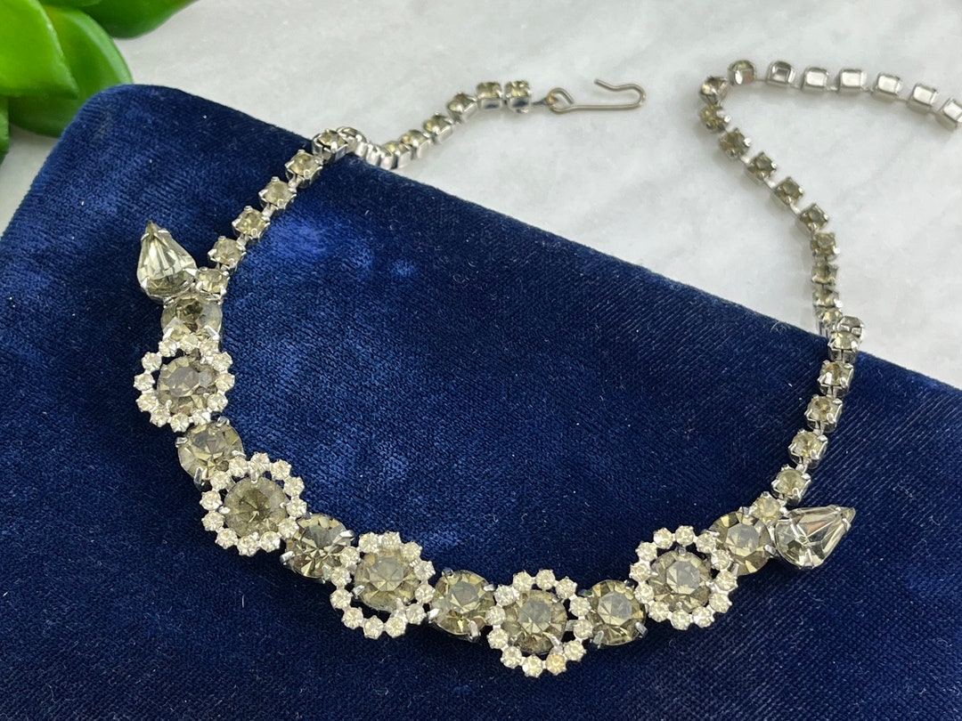 Vintage Gray Rhinestone Necklace Costume Jewelry Choker Necklaces for