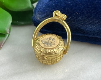 Nantucket Basket Necklace Pendant - Gold Finish Faux Scrimshaw Lid with Ship Costume Jewelry