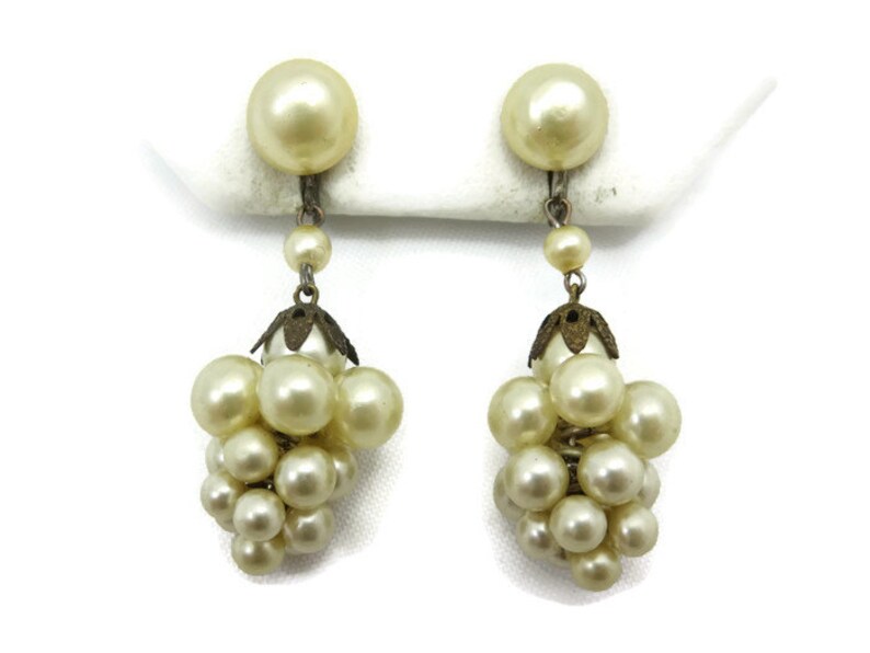 Champagne Pearl Earrings Clusters, Screwback, Bridal, Wedding, Faux Pearl Costume Jewelry Vintage Earrings for Women image 5