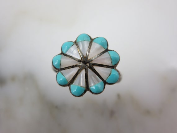 Vintage Turquoise Flower Ring - Mother of Pearl I… - image 2