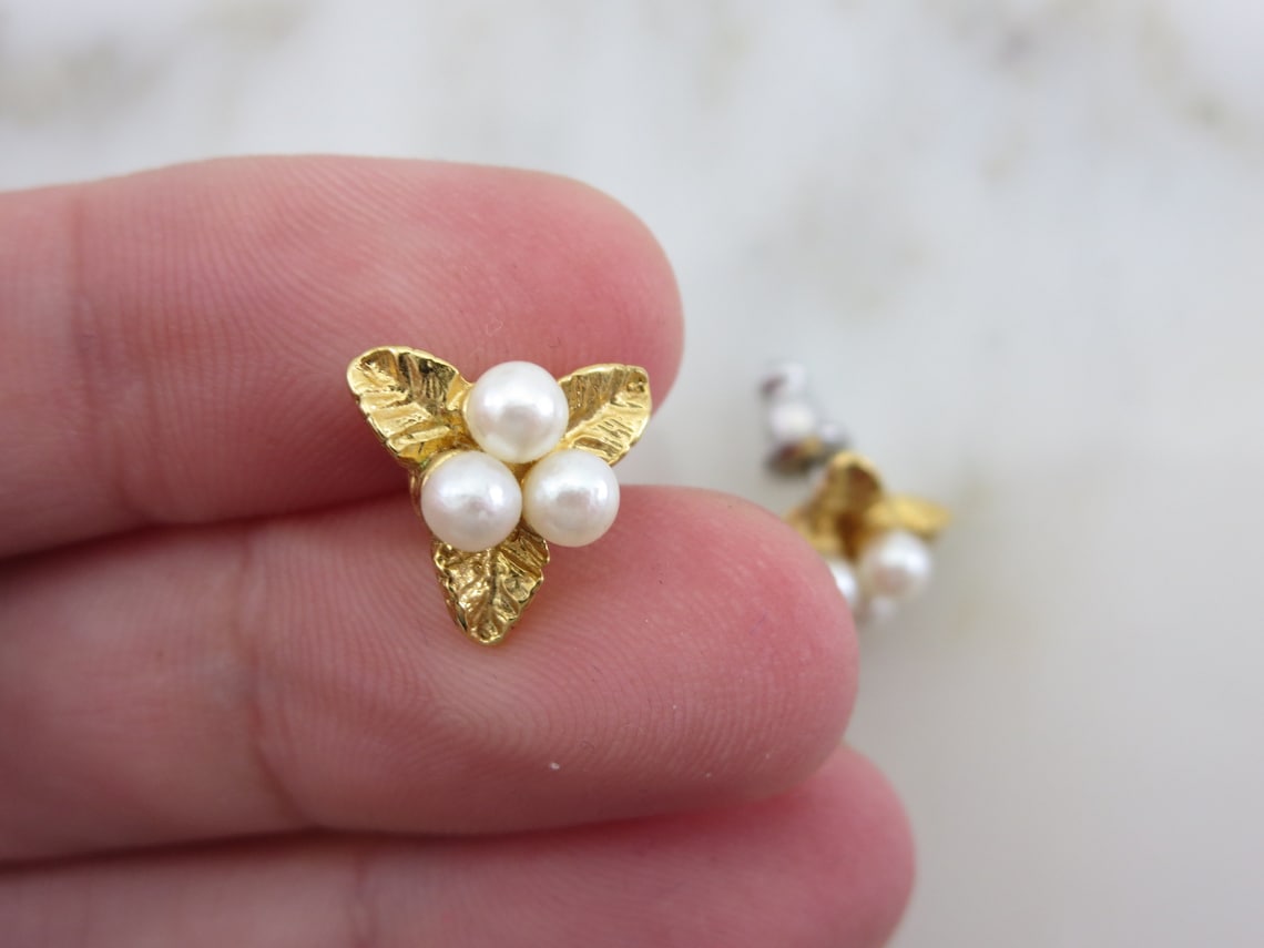 Costume Jewelry Earrings Gold Tone Leaves Faux Pearls Mid Etsy