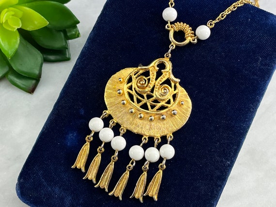 Vintage Pendant Necklace Mid Century Modern Long Gold Boho