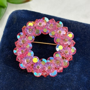 Beaded Brooch with Iridescent Pink AB Finish Beads - 1950s 1960s Costume Jewelry