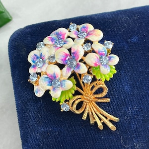 Vintage Jewelry Enamel Flower Bouquet Brooch - Gold Tone, Blue Rhinestone Costume Jewelry