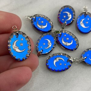 Glass Celestial Pendant Reverse Intaglio, Iridescent Blue Finish ONE PIECE, Moon and Stars image 7