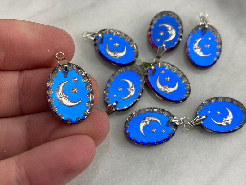 Glass Celestial Pendant Reverse Intaglio, Iridescent Blue Finish ONE PIECE, Moon and Stars image 7