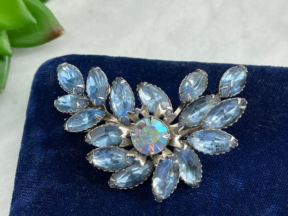 Blue Rhinestone Brooch - Floral Spray Costume Jew… - image 1