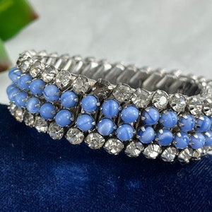 Vintage Clear Rhinestone and Blue Satin Glass Bracelet - Expansion Bangle Stretch Bracelet Costume Jewelry