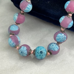 Millefiori Necklace Frosted Venetian Art Glass Beads, Pink and Blue Beaded Necklaces for Women, Estate Jewelry image 3