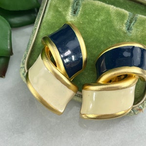 Large Retro Jewelry Ribbon Earrings - Blue and Cream Enamel on Gold Tone, 1990s Costume Jewelry Vintage Earrings for Women