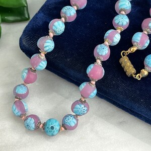 Millefiori Necklace Frosted Venetian Art Glass Beads, Pink and Blue Beaded Necklaces for Women, Estate Jewelry image 9