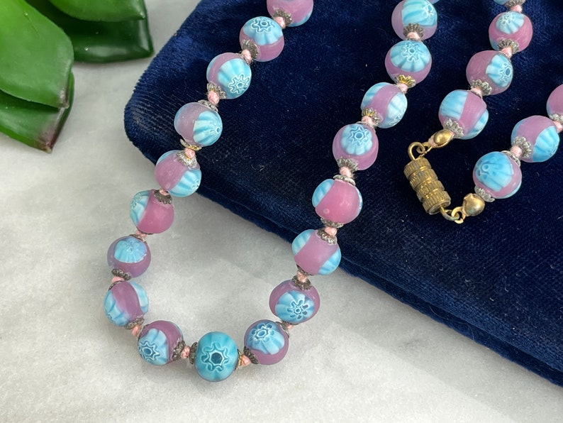 Millefiori Necklace Frosted Venetian Art Glass Beads, Pink and Blue Beaded Necklaces for Women, Estate Jewelry image 9