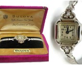Ladies Bulova Watch - 14k White Gold and Diamond Watch, Original Case, 1940s