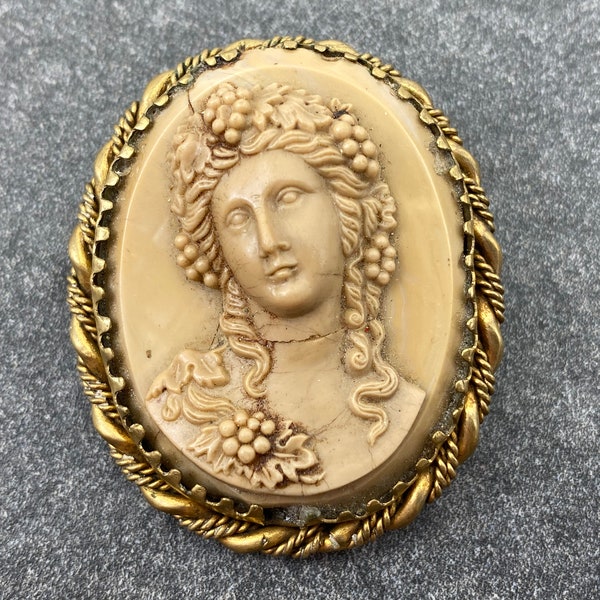 Antique Glass Cameo Brooch - High Relief, Woman with Grapes in Hair AS IS