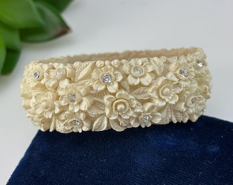 Cream Celluloid Bangle Bracelet with Rhinestone Flowers - Vintage Hinged Bracelets for Women