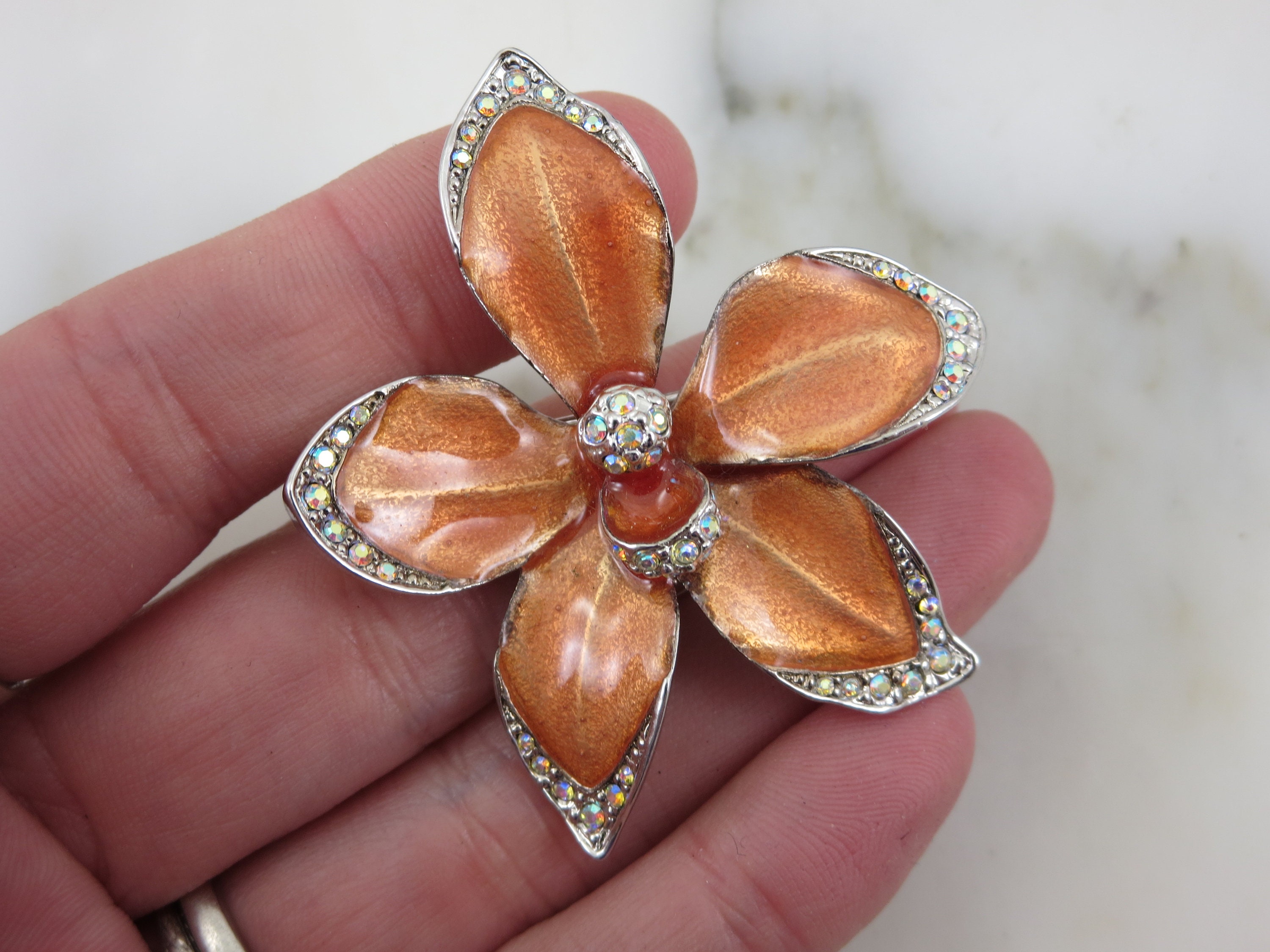 Vintage Enamel Orchid Flower Brooch AB Rhinestones Carolee Etsy