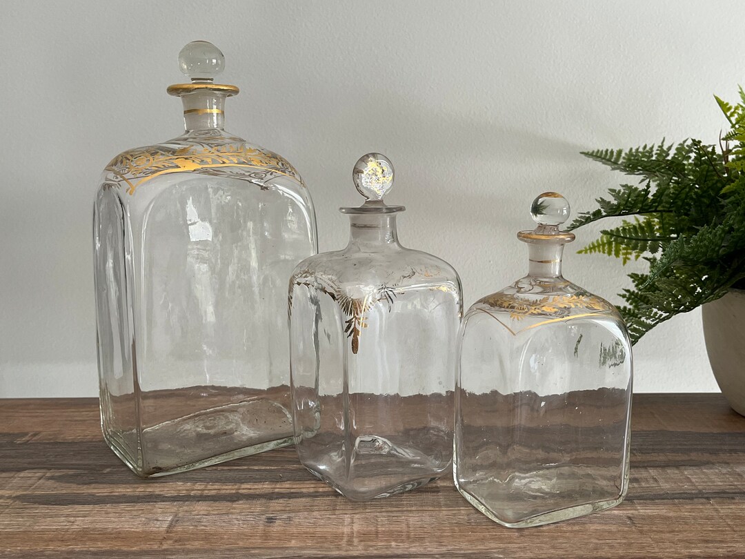 Antique Glass Liquor Decanter Bottles Gold Painted Trim Stopper Bottle