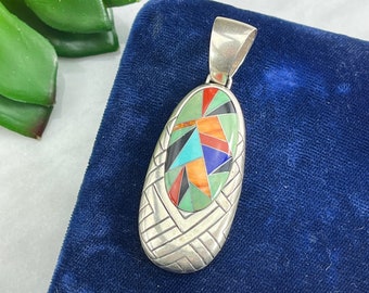 Large Sterling Silver Carolyn Pollack Relios Stone Inlay Pendant - Inlaid Southwestern Necklace Pendant Jewelry