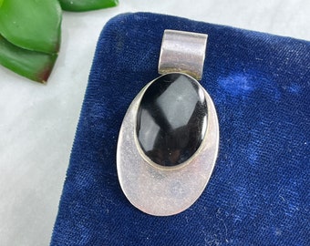 Silver and Onyx Pendant - Sterling Silver Minimalist Modern Jewelry