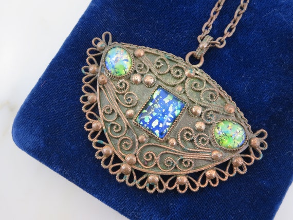 Mid Century Copper Necklace -  Faux Opal Art Glass - image 7