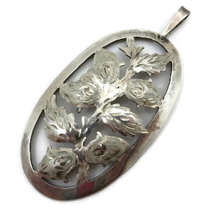 Silver Pendant - Flower Buds, Etched Leaves, Cut Out, German
