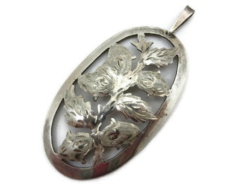 Silver Pendant - Flower Buds, Etched Leaves, Cut Out, German