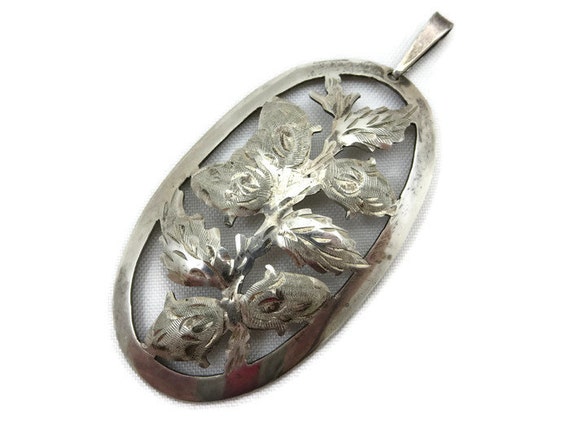 Silver Pendant - Flower Buds, Etched Leaves, Cut … - image 1