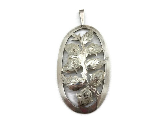 Silver Pendant - Flower Buds, Etched Leaves, Cut … - image 5