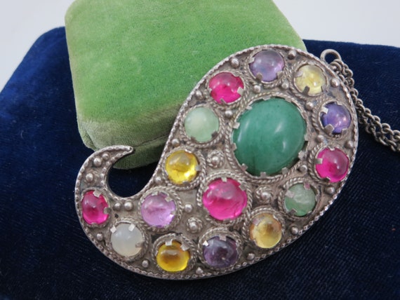 Indian Paisley Gemstone Pendant - Silver, Rubies,… - image 1