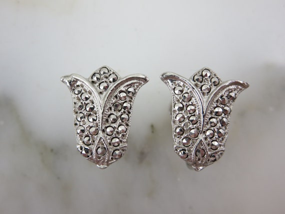 Sterling Silver Marcasite Tulip Earrings - Flower… - image 2