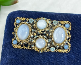 Vintage Czech Moonstone Glass Brooch - Costume Jewelry