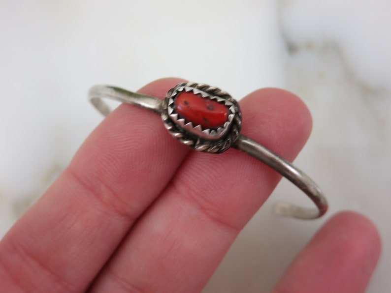 Petite Sterling Silver Cuff Navajo Coral Bracelet Artist Signed Native American Jewelry Adjustable Child Size