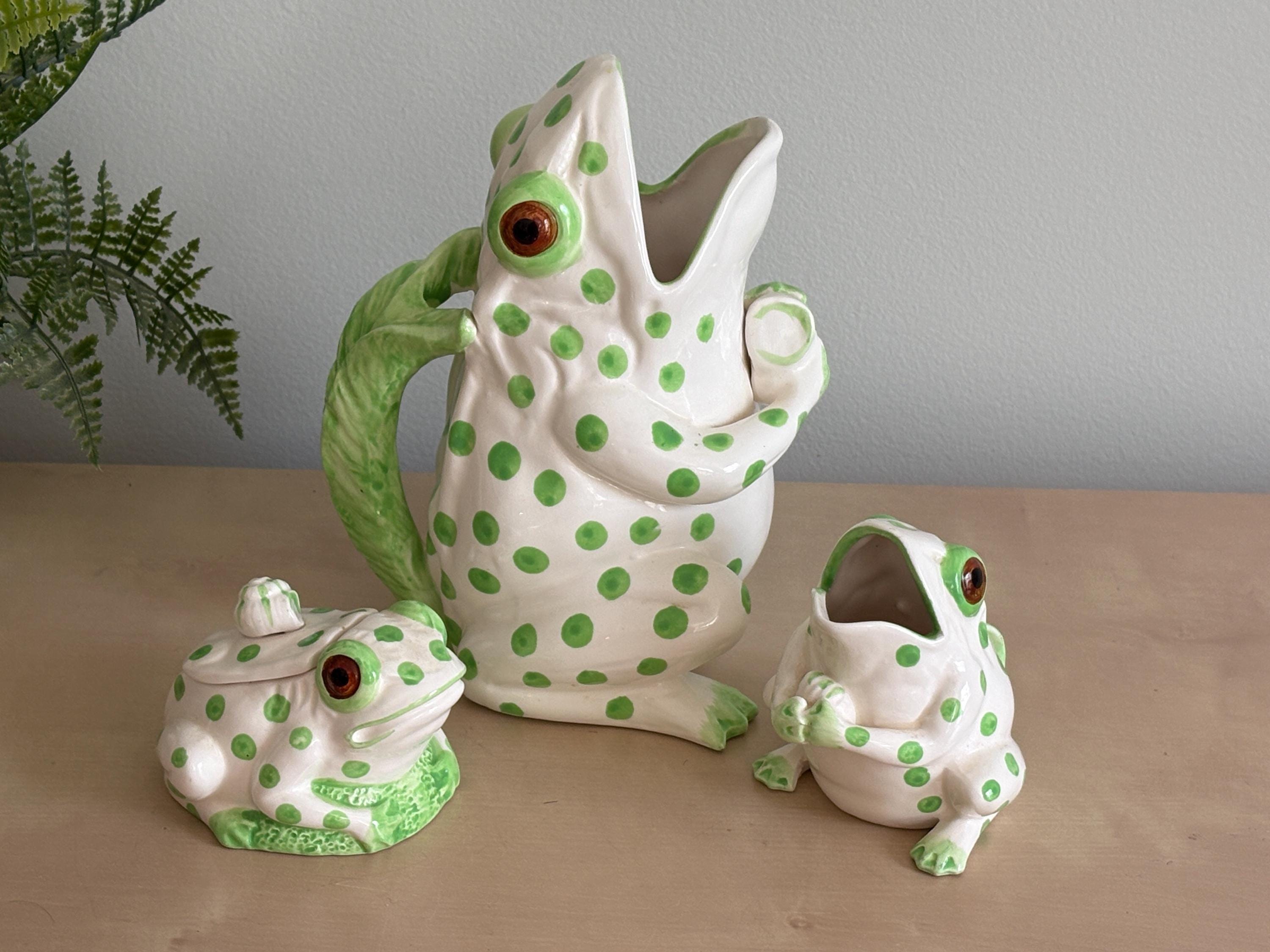 Whimsical Hand Painted Frog Ceramic Pitcher, Creamer, and Sugar