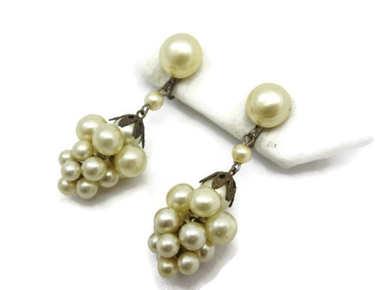 Champagne Pearl Earrings Clusters, Screwback, Bridal, Wedding, Faux Pearl Costume Jewelry Vintage Earrings for Women image 4