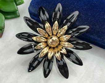 Black Enamel Flower Brooch - Vintage Sarah Coventry Costume Jewelry