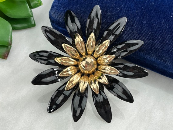 Black Enamel Flower Brooch - Vintage Sarah Covent… - image 1