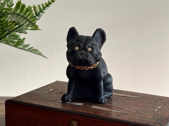 アンティーク雑貨 Westmoreland Bulldog Vintage Westmoreland Frosted Black Glass French Bulldog Figurine