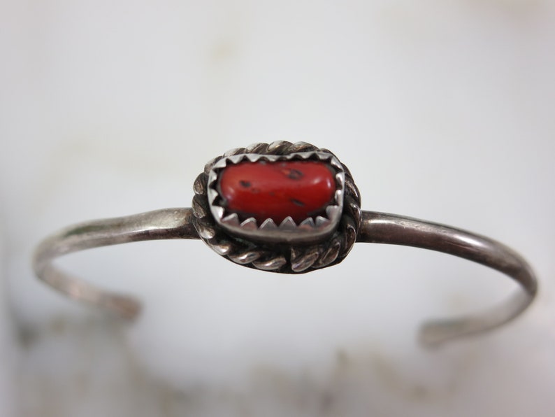 Petite Sterling Silver Cuff Navajo Coral Bracelet Artist Signed Native American Jewelry Adjustable Child Size