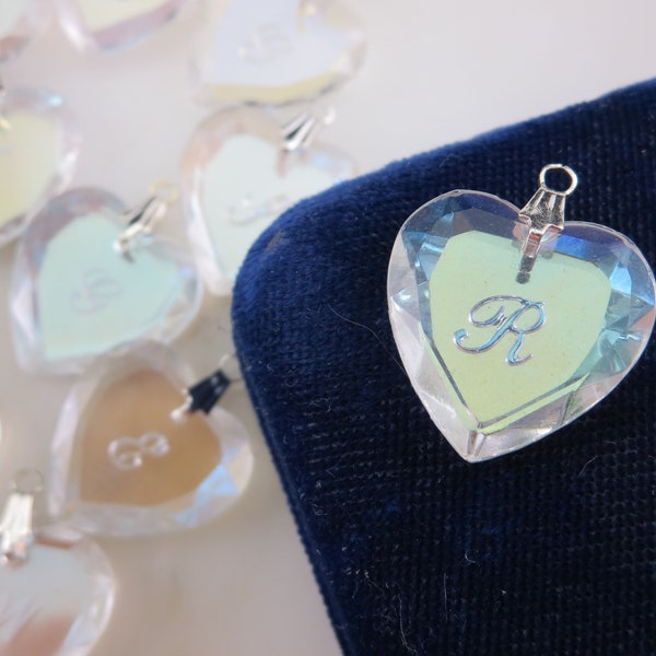 Glass Initial Heart Pendant - Reverse Intaglio, Pale Iridescent Finish ONE PIECE, You Choose