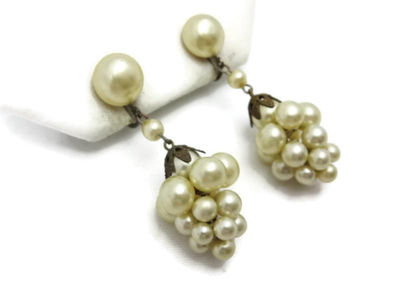 Champagne Pearl Earrings Clusters, Screwback, Bridal, Wedding, Faux Pearl Costume Jewelry Vintage Earrings for Women image 2