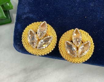 Vintage Rhinestone Clip Earrings - Unfoiled Rhinestone and Gold Tone Mesh